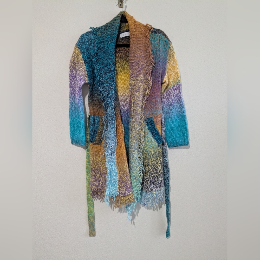 Anthropologie Greylin Oversized Rainbow Knit Fringe Open Front Wrap Sweater S - Picture 10 of 16